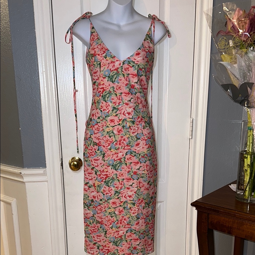 LPA Pink Blooms Floral Print Tie Back‎ Midi Dress Size XXS